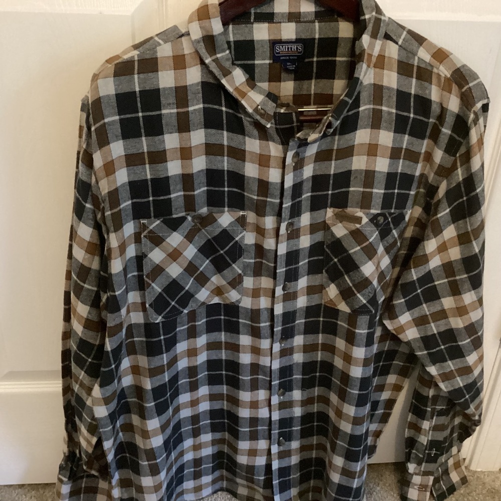 Men’s SMITH’S WORKWEAR XXL BROWN PLAID LONG SLEEVE BUTTON DOWN